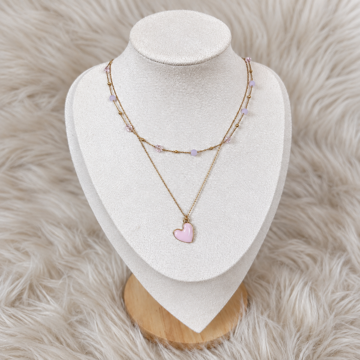Layered ketting Stella met roze kraaltjes en hartje